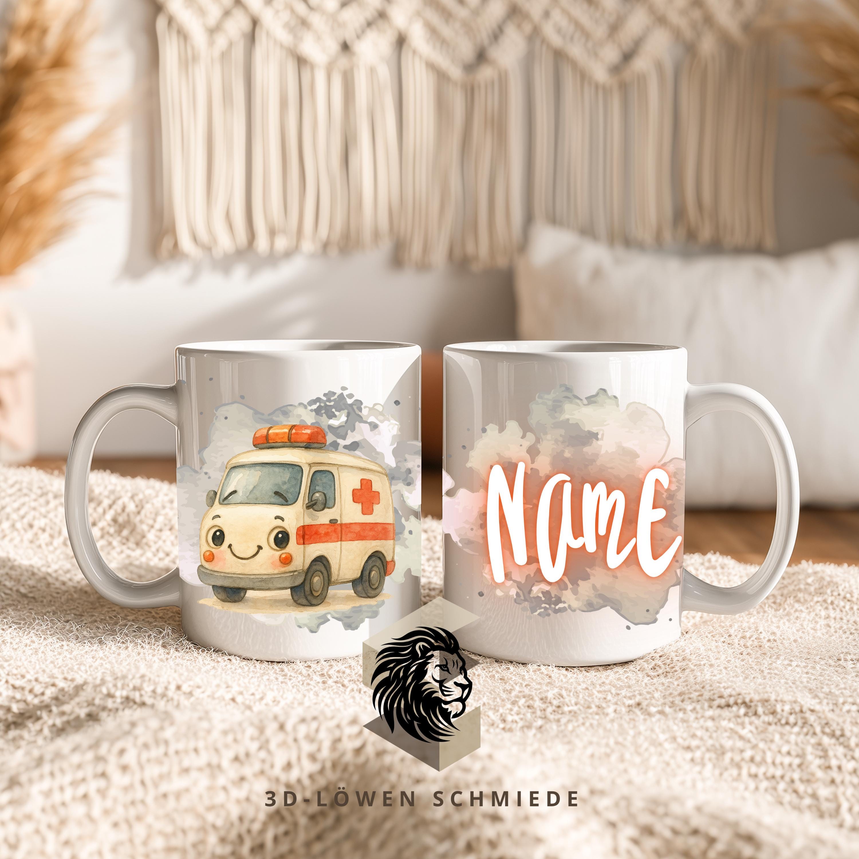Personalisierte Tasse „Krankenwagen“ mit Name  Geschenkidee für Geburtstag, Weihnachten, Kollegen und Familie