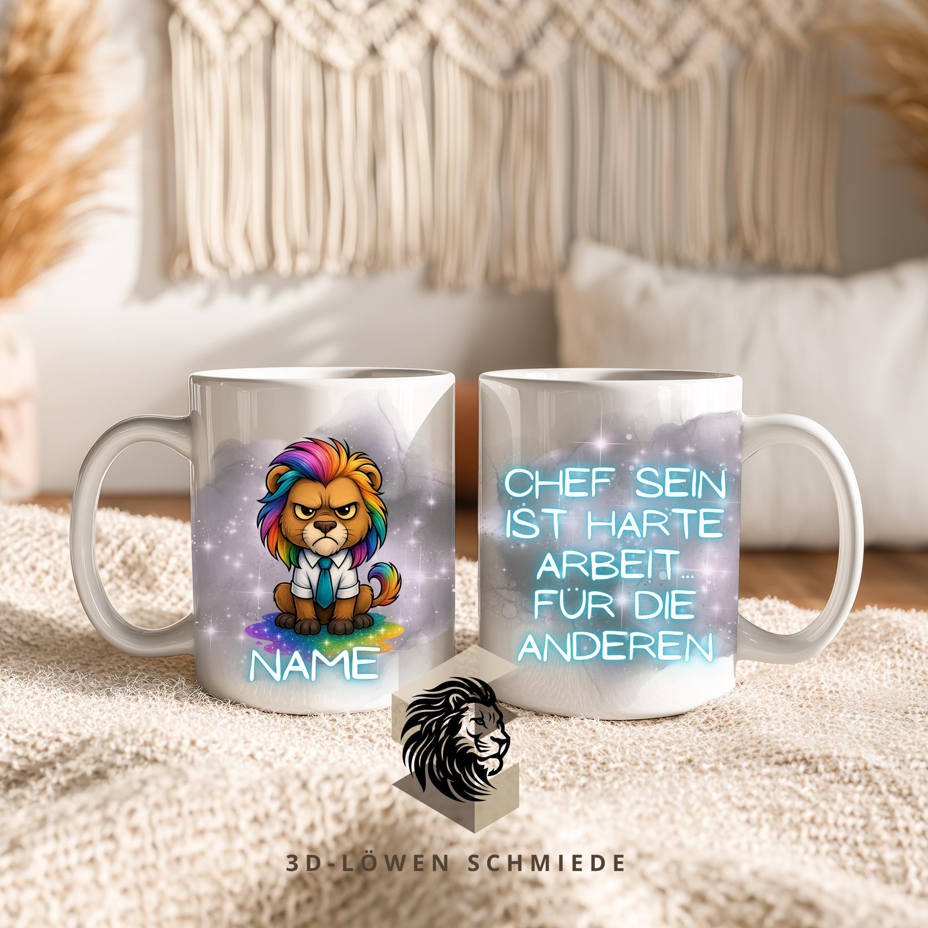 Tasse Chef lustig – Löwe Cartoon Spruchtasse – personalisierte Kaffeetasse mit Name, Geschenk für Chef, Kollegen & Büro