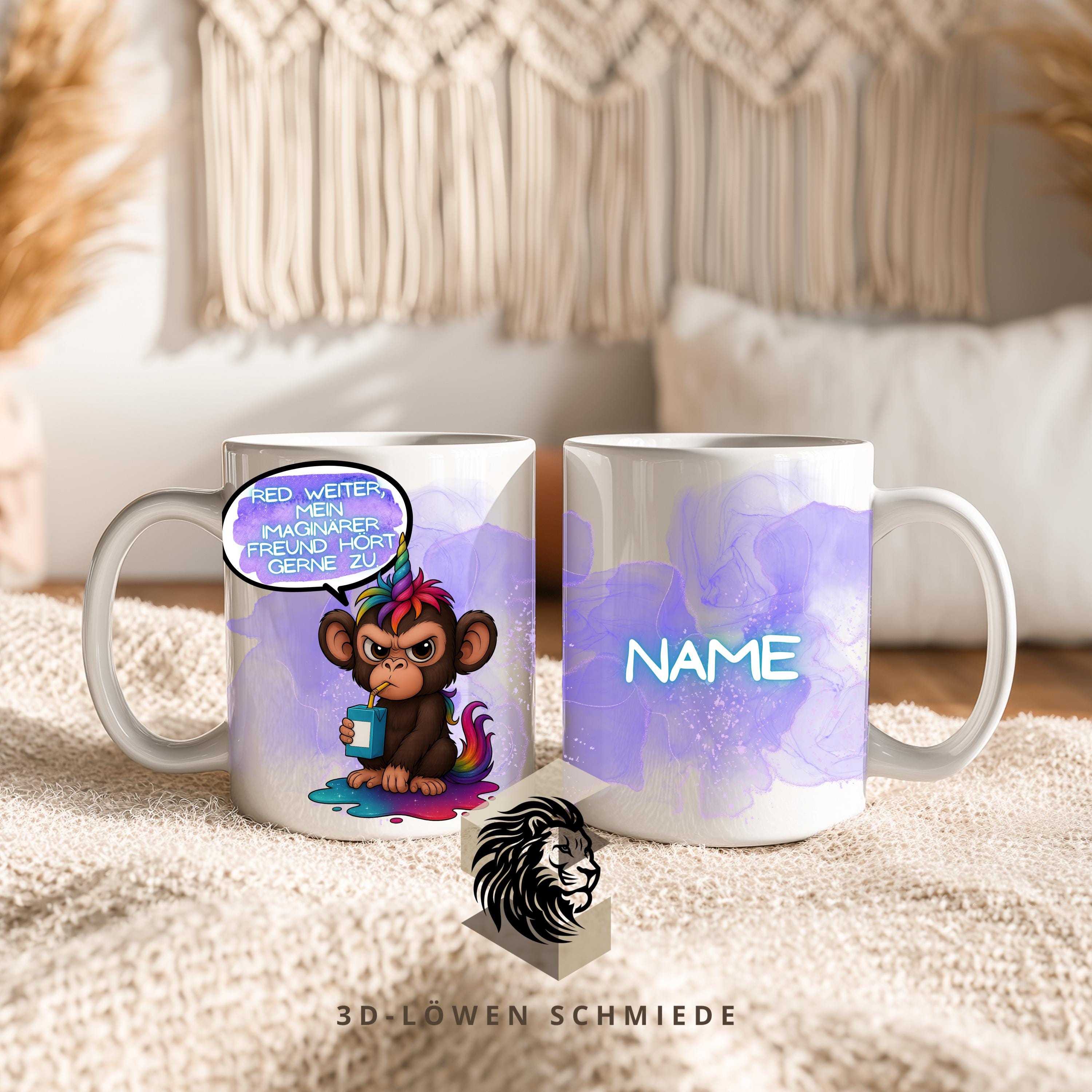 Tasse Affe lustig – Spruchtasse „Mein imaginärer Freund hört gerne zu“ – personalisierte Tasse mit Name – Geschenk für Kollegen & Freude
