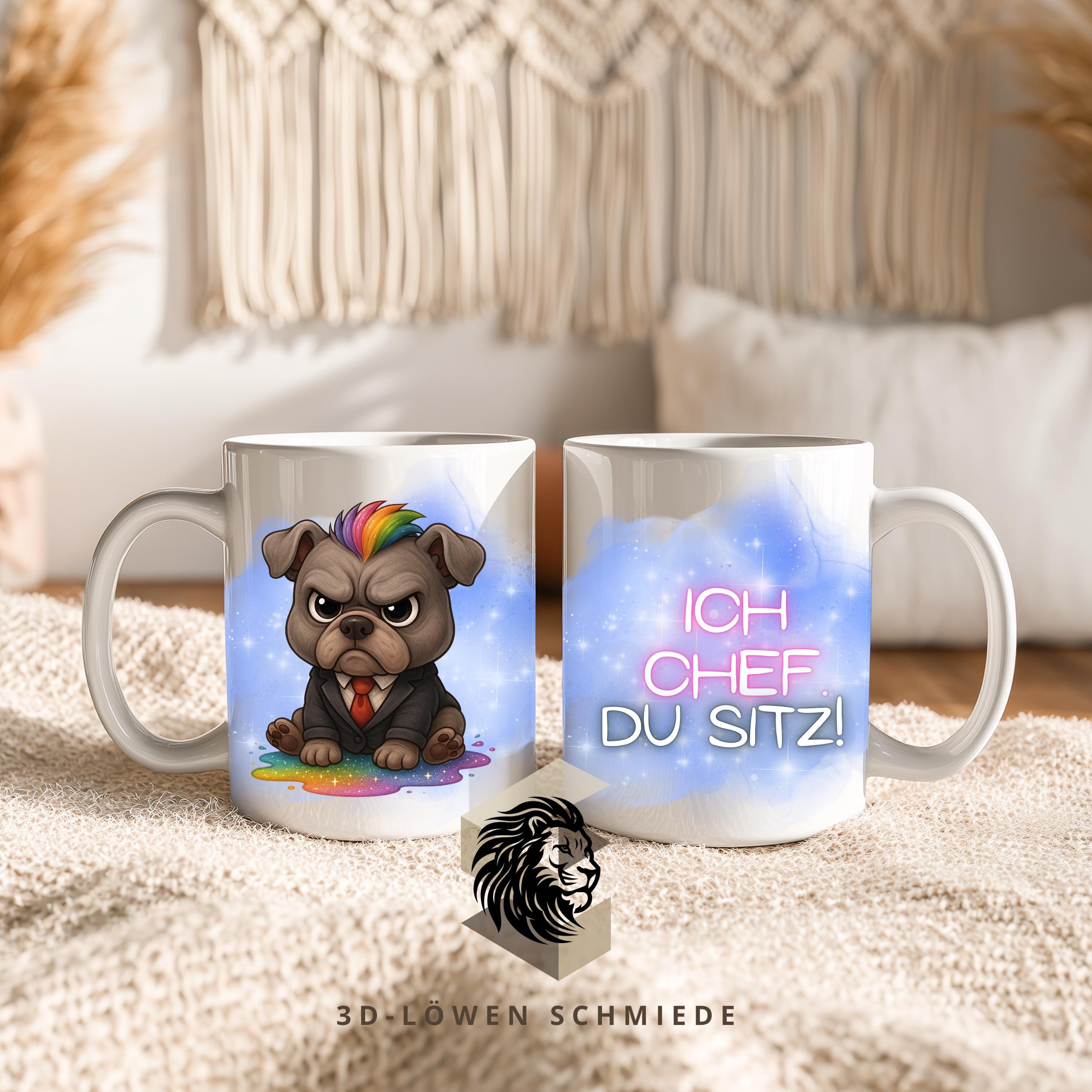 Tasse Hund lustig – Bulldogge Cartoon Spruchtasse „Ich Chef, du sitz!“ – personalisierte Kaffeetasse mit Name oder ohne – Geschenk für Kolle