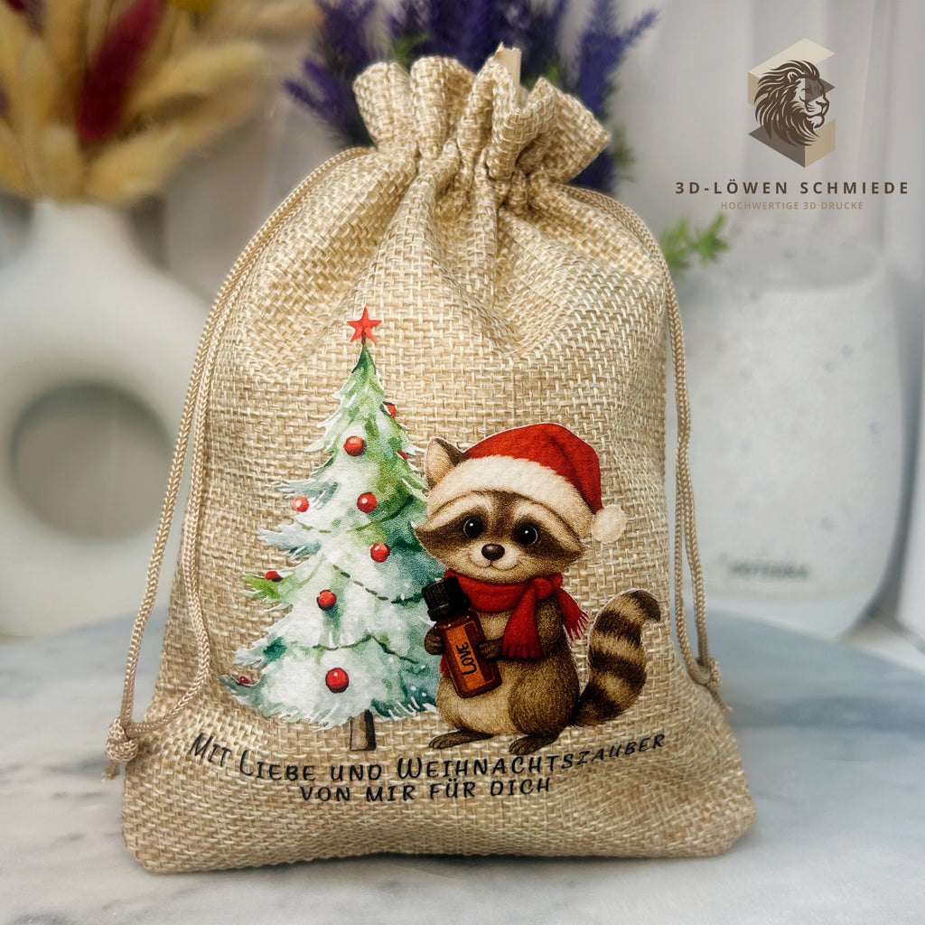 Baumwollbeutel mit Weihnachtlichem Waschbär Motiv Geschenkbeutel für Ätherische Öle, Aromatherapie, Aufbewahrungsbeutel Natur, Geschenktüte