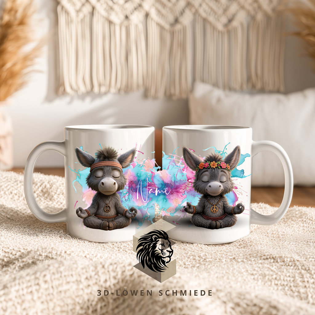Personalisierte Esel-Tasse mit Wunschnamen (Boho Meditation Motiv)