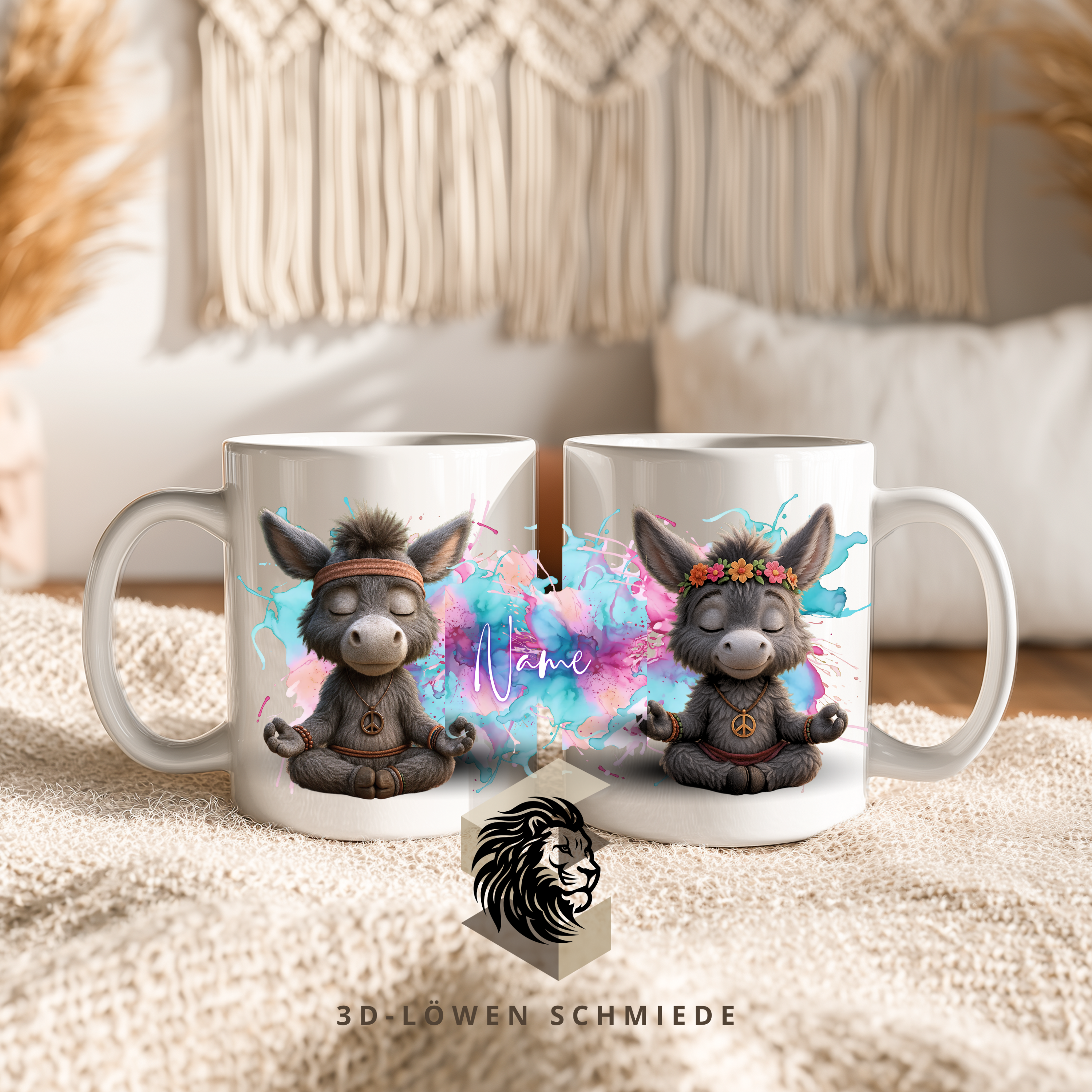 Personalisierte Esel-Tasse mit Wunschnamen (Boho Meditation Motiv)