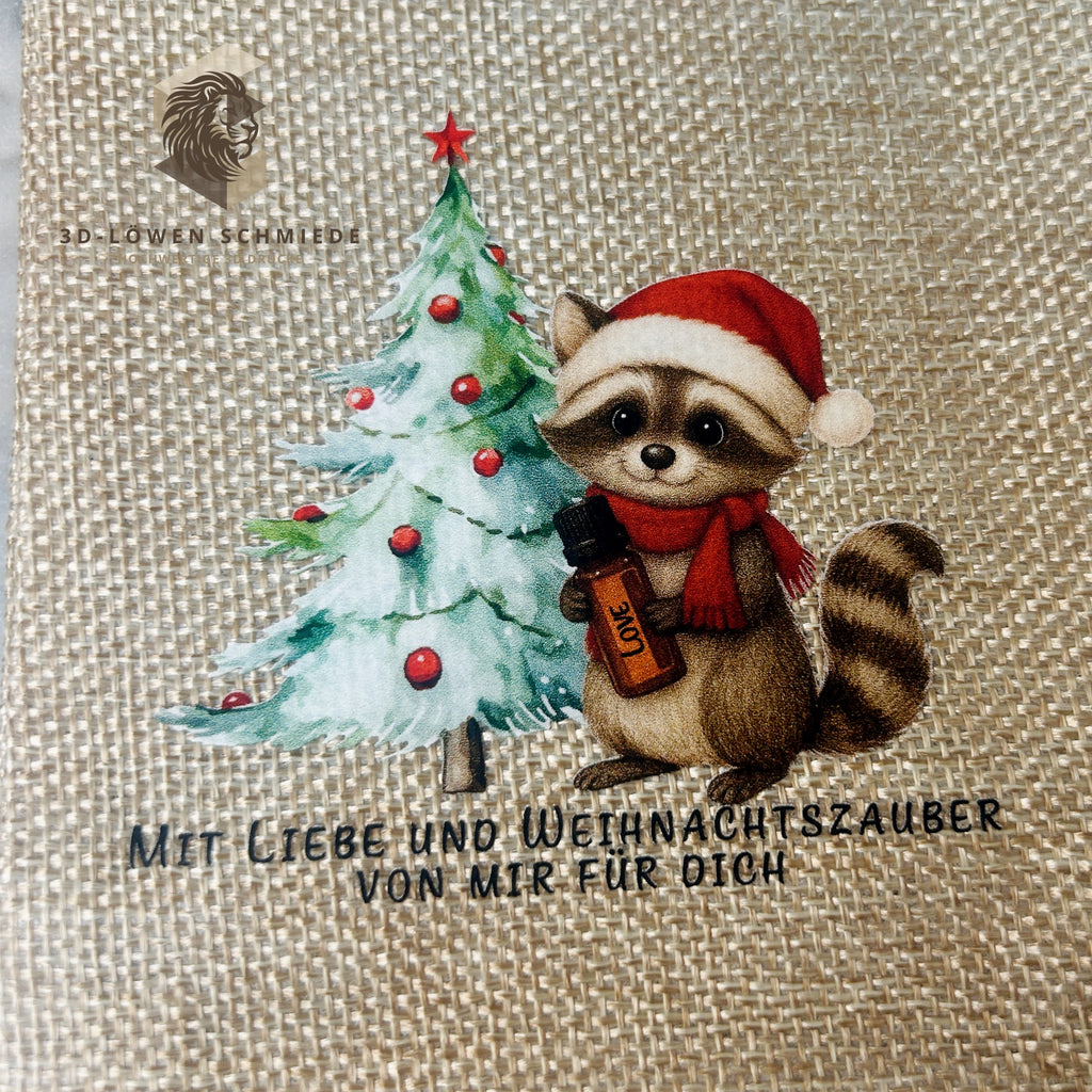 Baumwollbeutel mit Weihnachtlichem Waschbär Motiv Geschenkbeutel für Ätherische Öle, Aromatherapie, Aufbewahrungsbeutel Natur, Geschenktüte