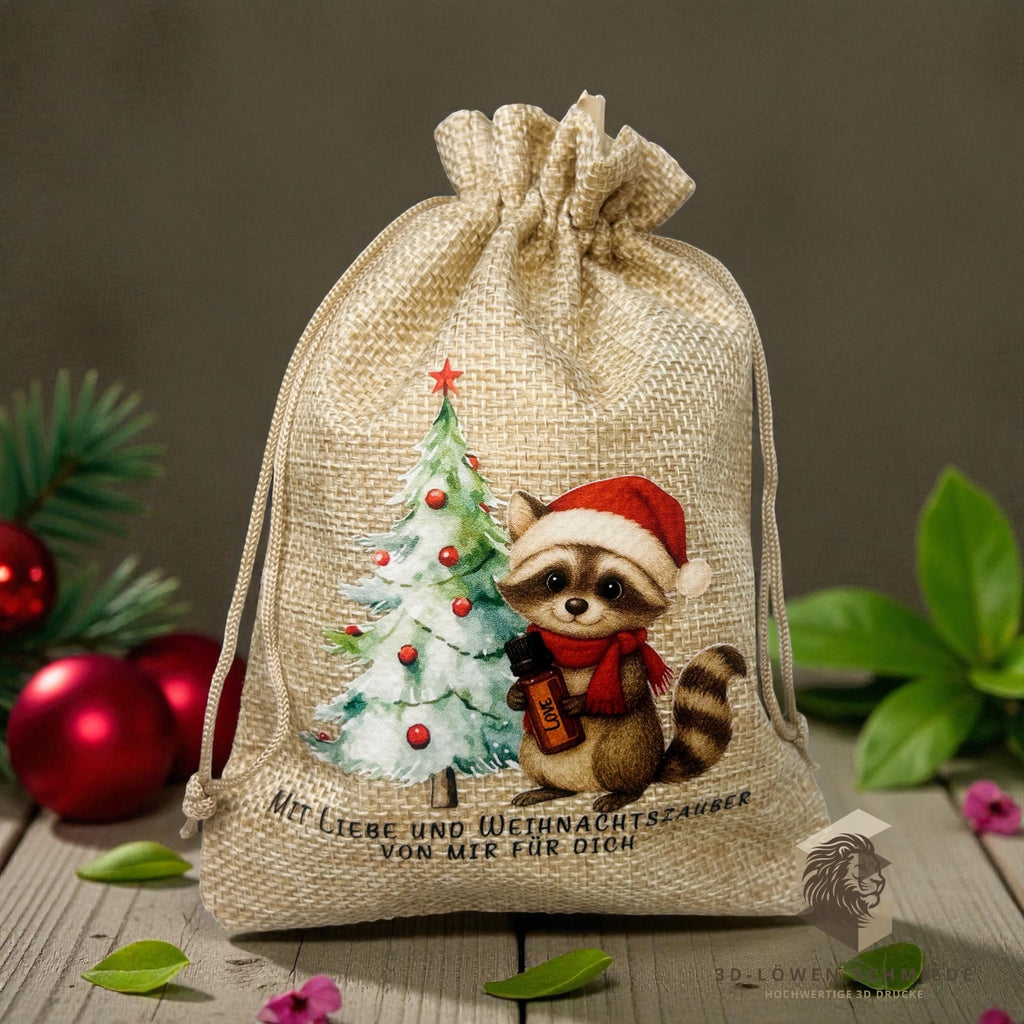 Baumwollbeutel mit Weihnachtlichem Waschbär Motiv Geschenkbeutel für Ätherische Öle, Aromatherapie, Aufbewahrungsbeutel Natur, Geschenktüte