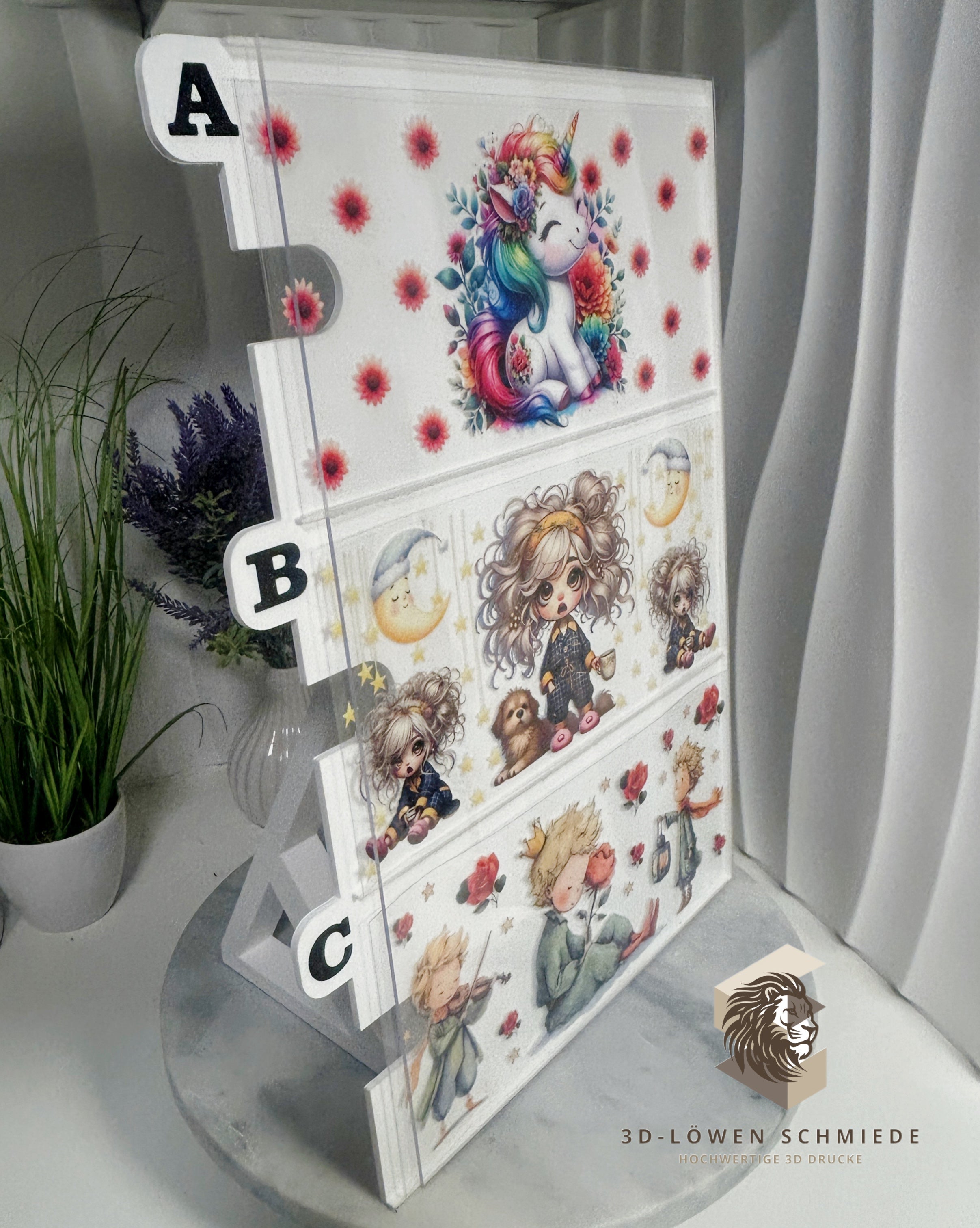 Sticker Display | Auftsteller für Live Präsentationen, Platz für 3 Fächer, bezeichnet mit A, B, C