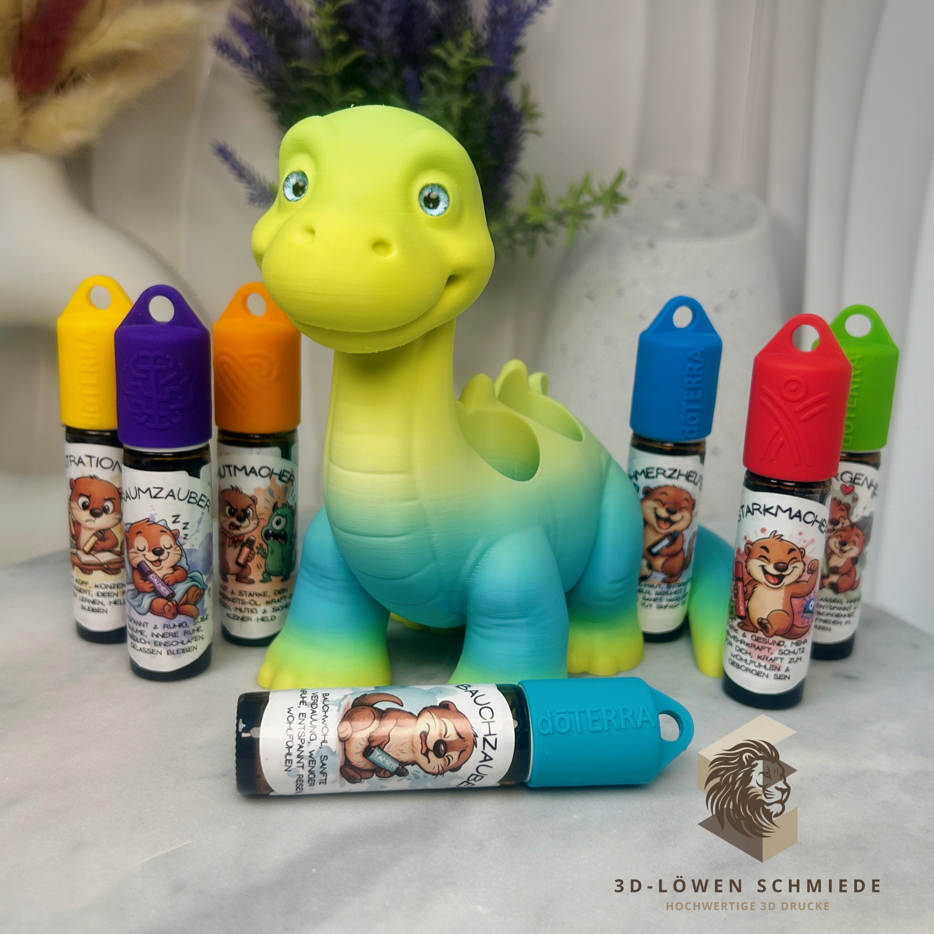 Aroma Dino Kids Collection Aufsteller für Ätherische Öle, Dino „Milo“ Platz für 7x 10ml Roll-Ons stilvolle Aufbewahrung, Praktisch, Einzigartig