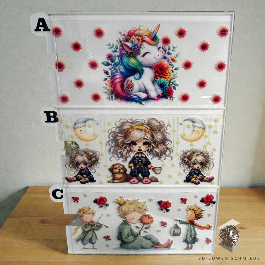 Sticker Display | Auftsteller für Live Präsentationen, Platz für 3 Fächer, bezeichnet mit A, B, C