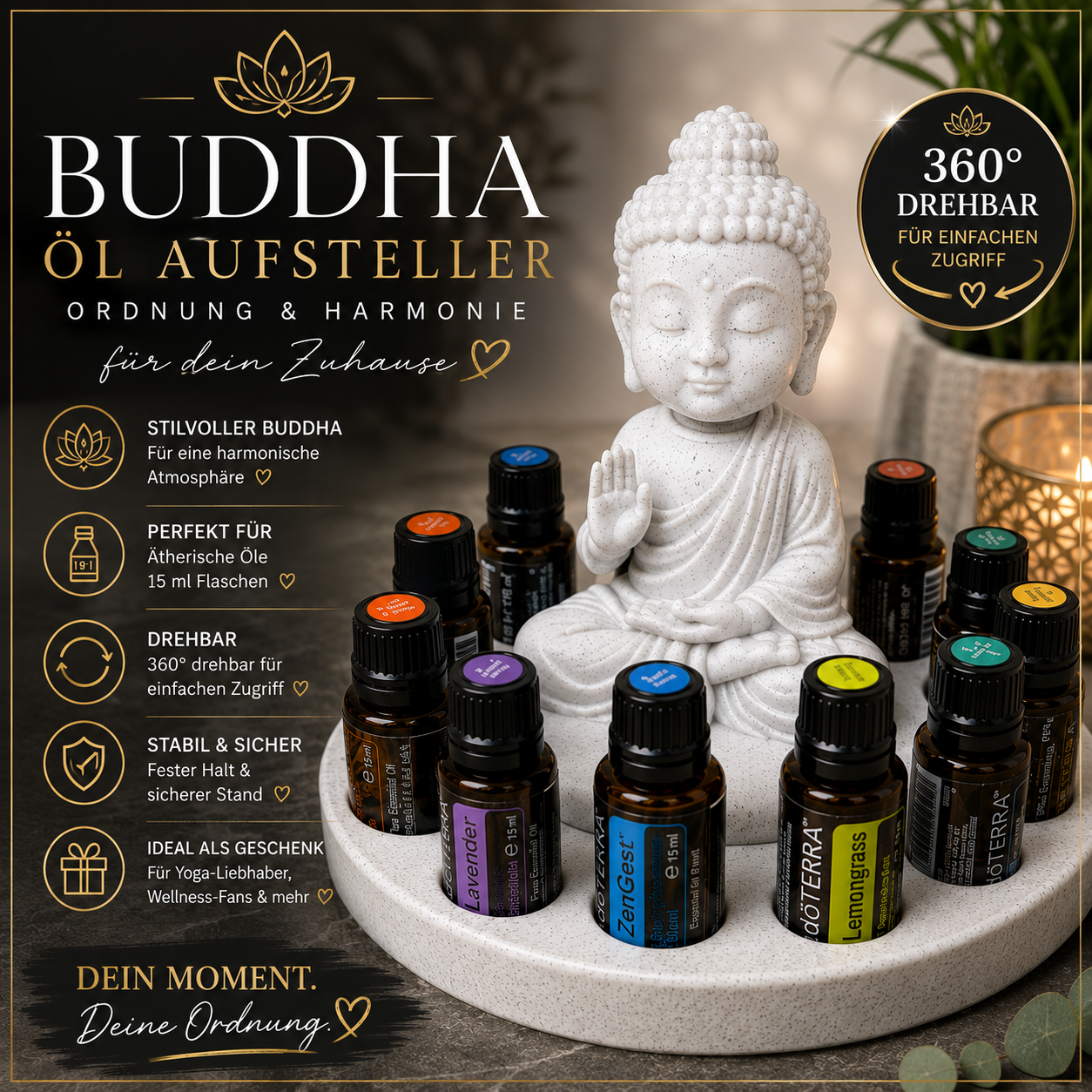 doTERRA Buddha Aufsteller für ätherische Öle | Drehbarer Oil Organizer | Aromatherapie Halter | Ölflaschen Aufbewahrung | Marmor Weiß Design