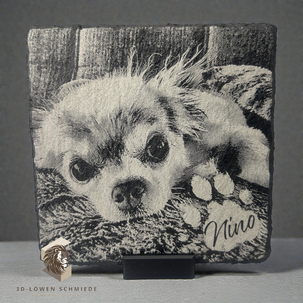 Personalisierte Schieferplatte mit Foto und Namen, Haustier | Personen Gravur, Untersetzer oder Deko Aufsteller Individuelles Geschenk Idee