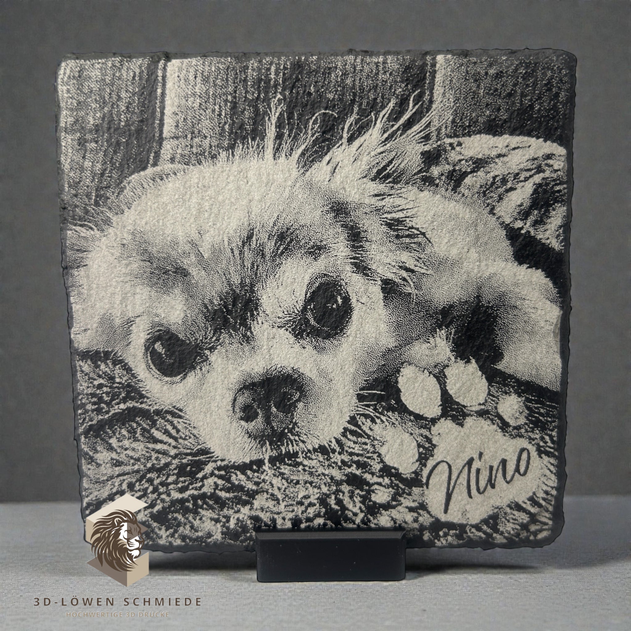 Personalisierte Schieferplatte mit Foto und Namen, Haustier | Personen Gravur, Untersetzer oder Deko Aufsteller Individuelles Geschenk Idee