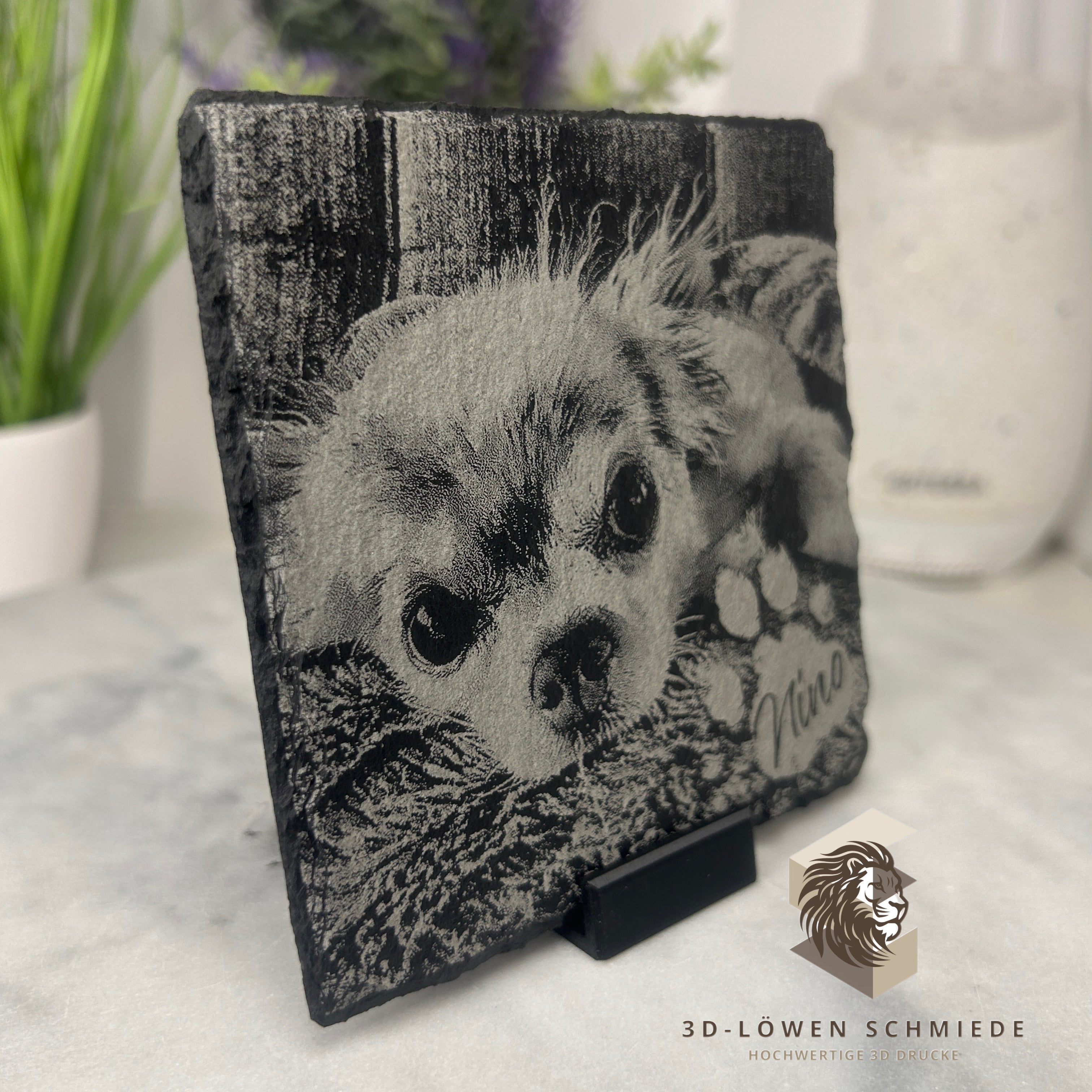 Personalisierte Schieferplatte mit Foto und Namen, Haustier | Personen Gravur, Untersetzer oder Deko Aufsteller Individuelles Geschenk Idee