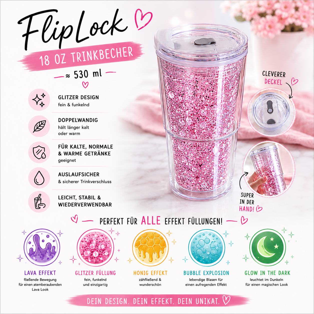 ✨ FlipLock 18 OZ Trinkbecher ✨ ca. 530 ml | praktisch • stylisch • individuell