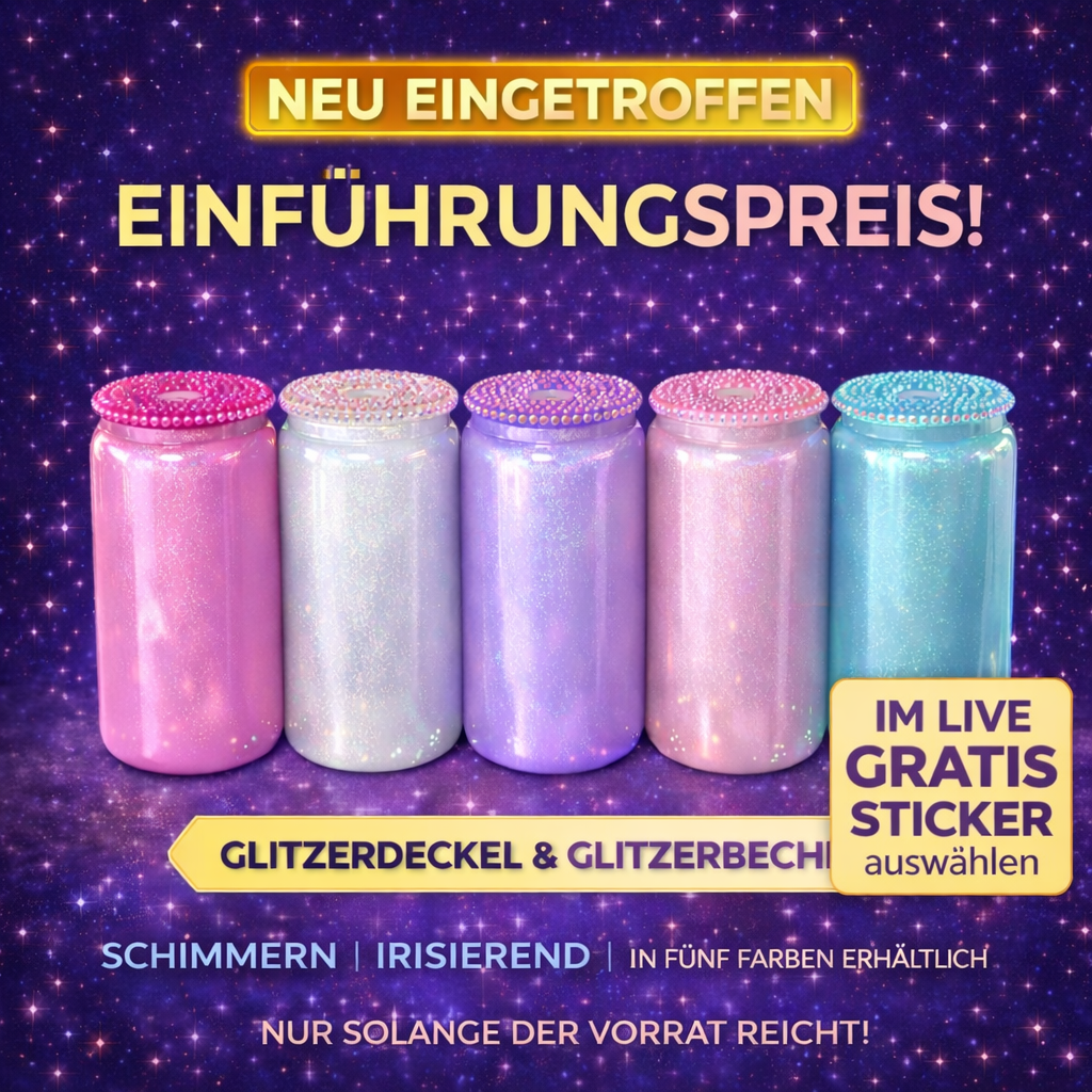 Schimmernde Glasbecher mit Glitzerdeckel ✨ 16 oz