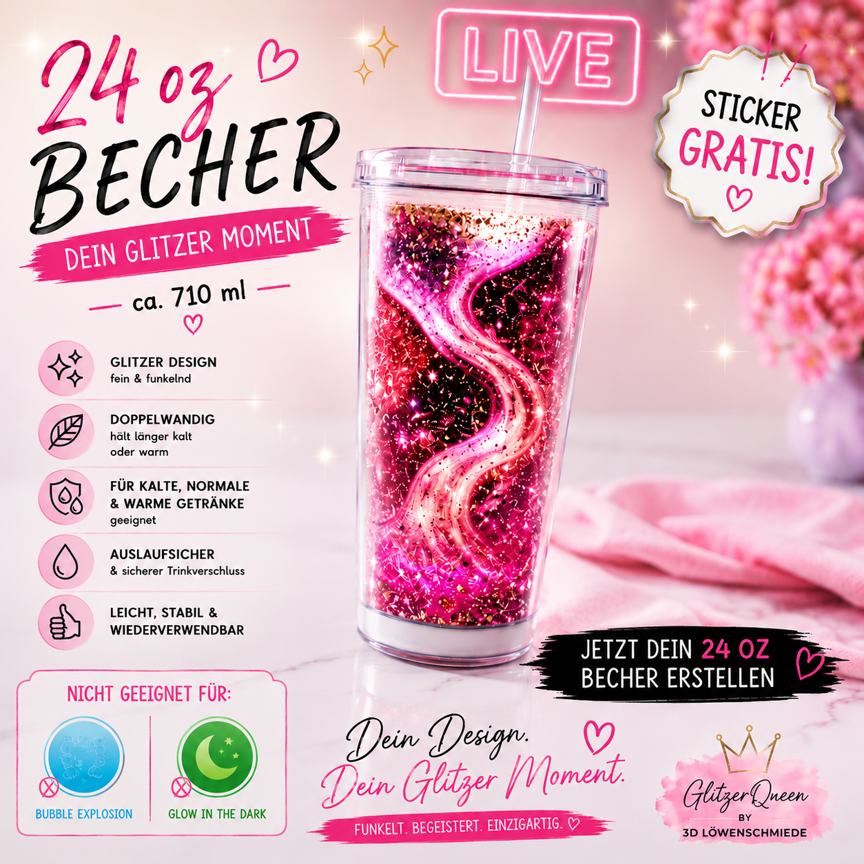 Live Glitzer Cup 24oz erstellen, dein persönlicher Glitzerbecher im TikTok Live