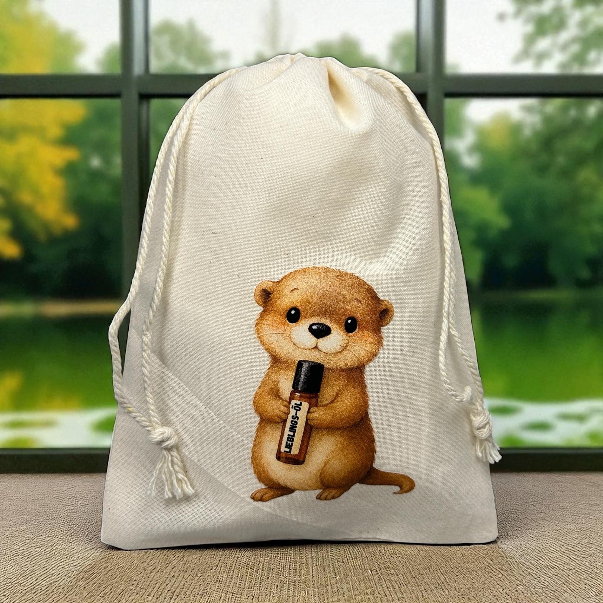 Baumwollbeutel mit Otter Motiv. Geschenkbeutel für ätherische Öle, Aromatherapie, Aufbewahrungsbeutel Natur, Kosmetikbeutel, Stoffbeutel,