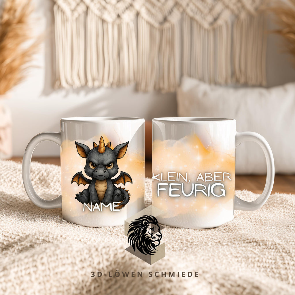 Tasse Drache – klein aber feurig – personalisierte Kaffeetasse mit Name – lustige Spruchtasse Geschenk für Drachenfans & Fantasy-Liebhaber
