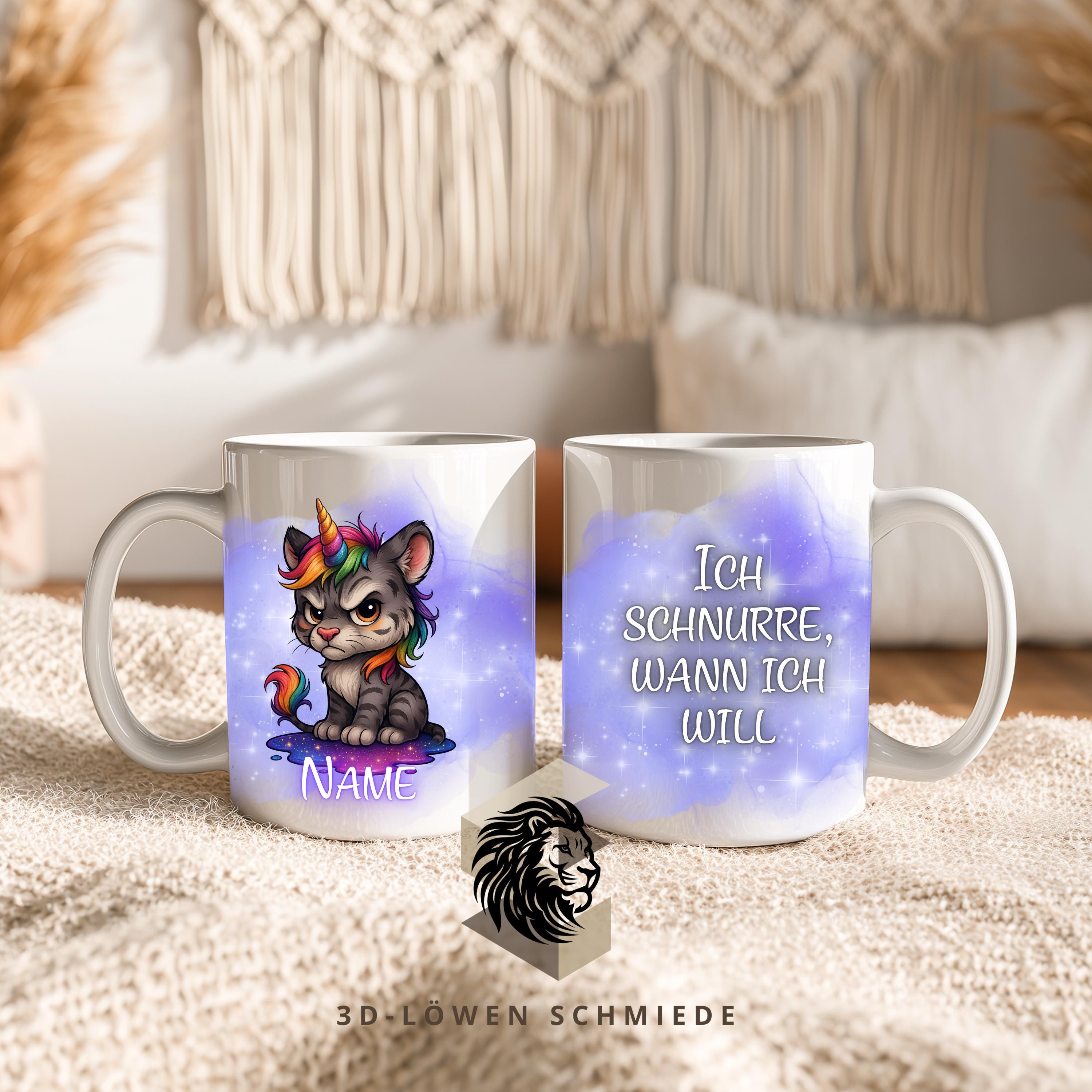 Tasse Katze Einhorn lustig – Spruchtasse „Ich schnurre, wann ich will“ – personalisierte Kaffeetasse mit Name oder ohne – Geschenk für Katze
