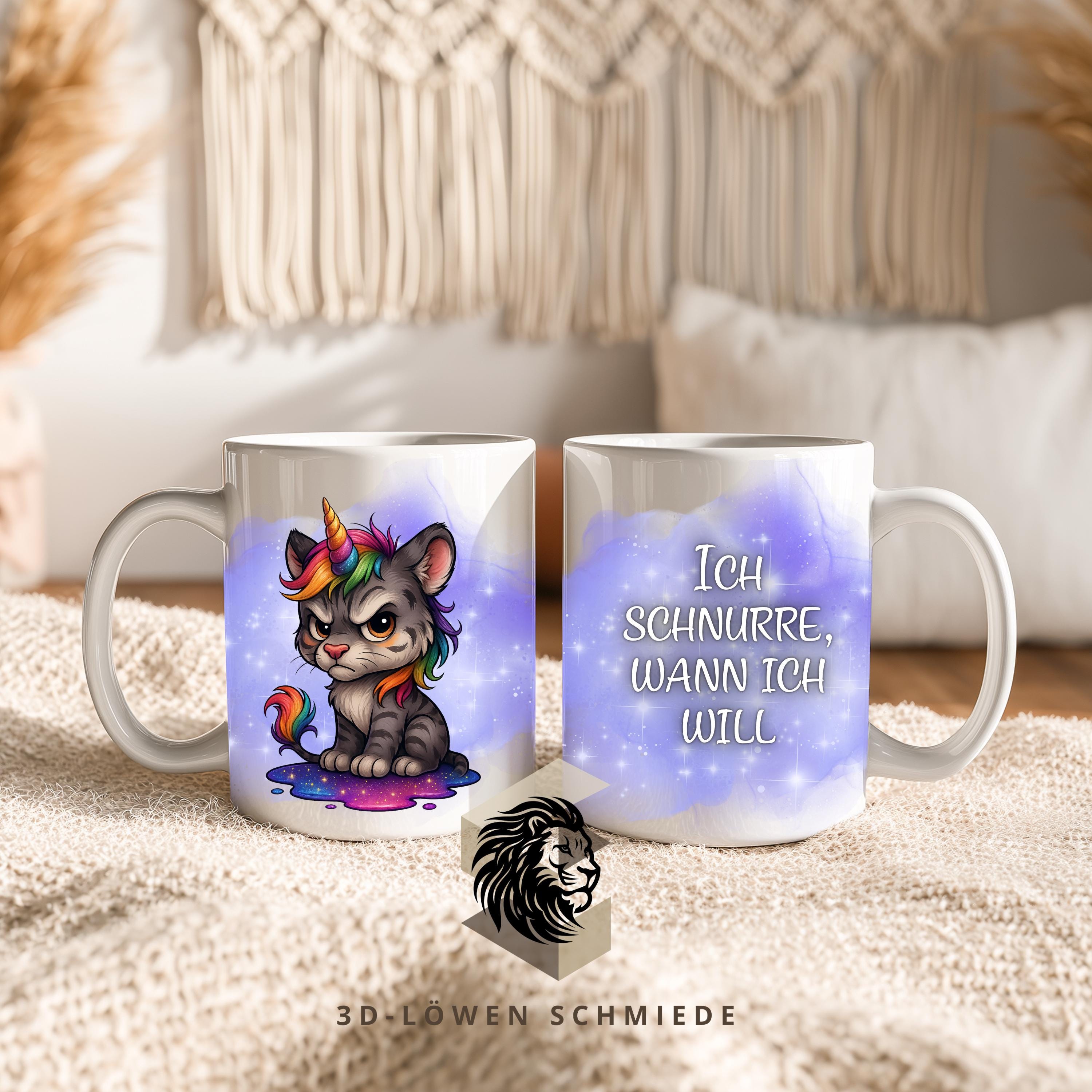 Tasse Katze Einhorn lustig – Spruchtasse „Ich schnurre, wann ich will“ – personalisierte Kaffeetasse mit Name oder ohne – Geschenk für Katze