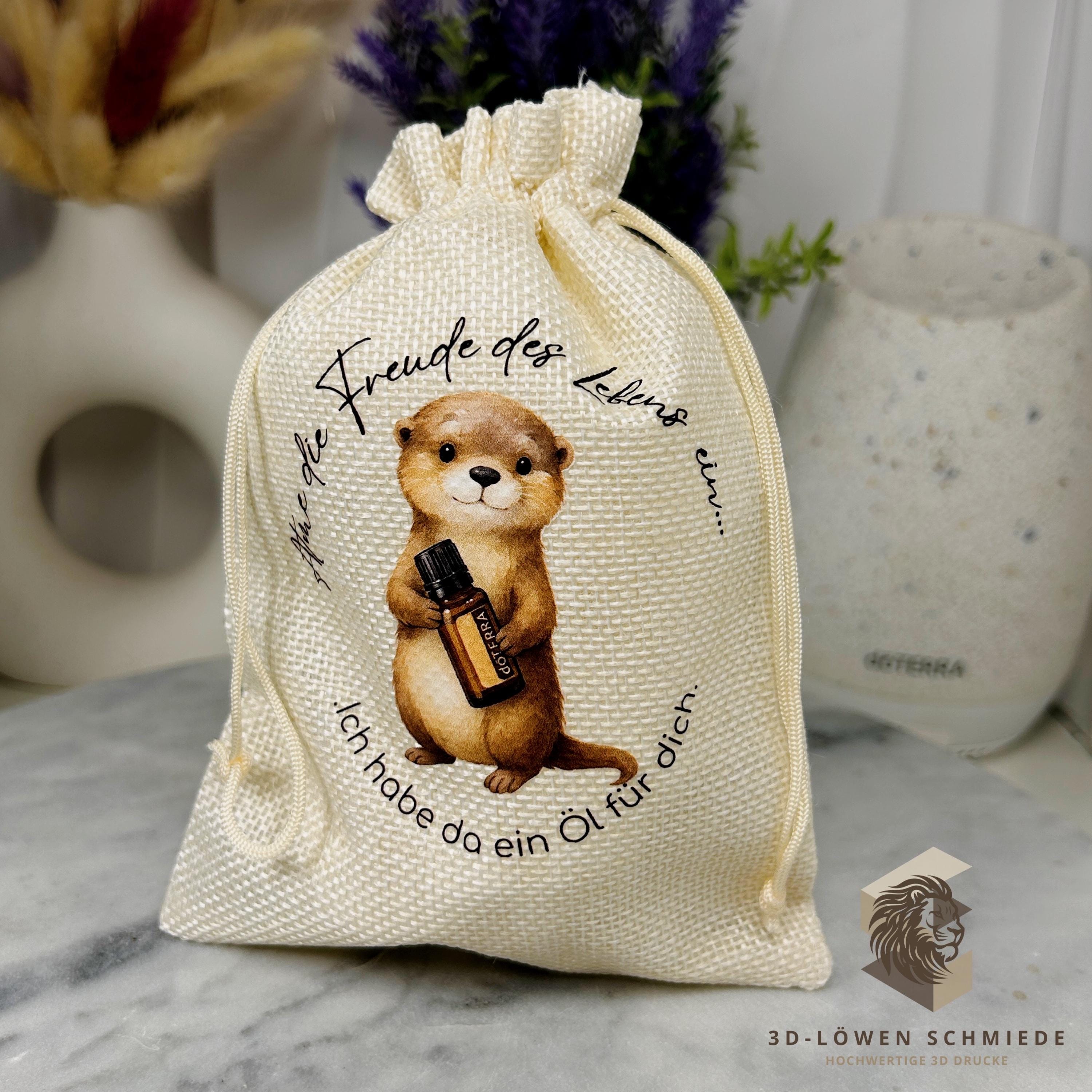 Baumwollbeutel mit Otter Motiv. Geschenkbeutel für ätherische Öle, Aromatherapie, Aufbewahrungsbeutel Natur, Kosmetikbeutel, Stoffbeutel,
