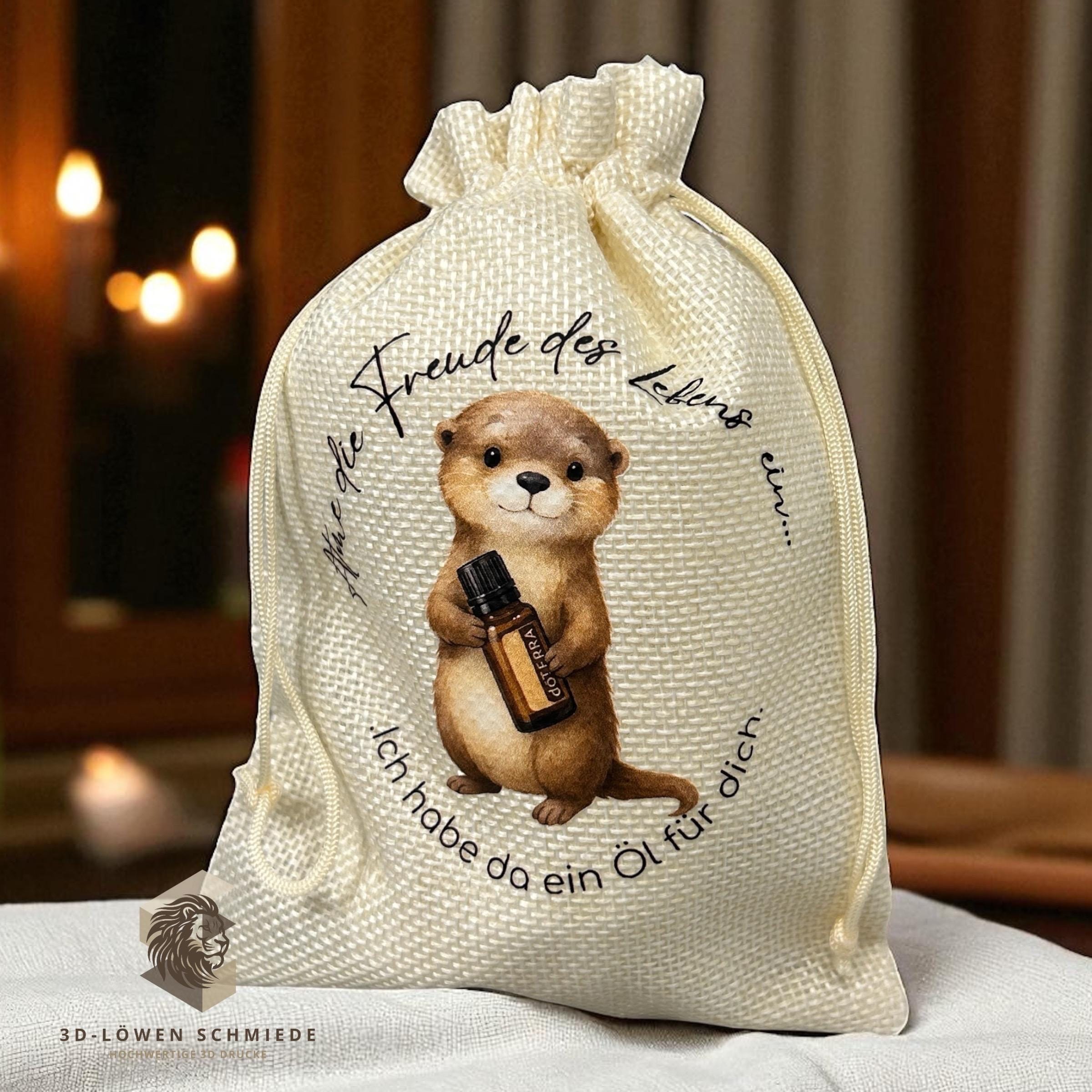 Baumwollbeutel mit Otter Motiv. Geschenkbeutel für ätherische Öle, Aromatherapie, Aufbewahrungsbeutel Natur, Kosmetikbeutel, Stoffbeutel,