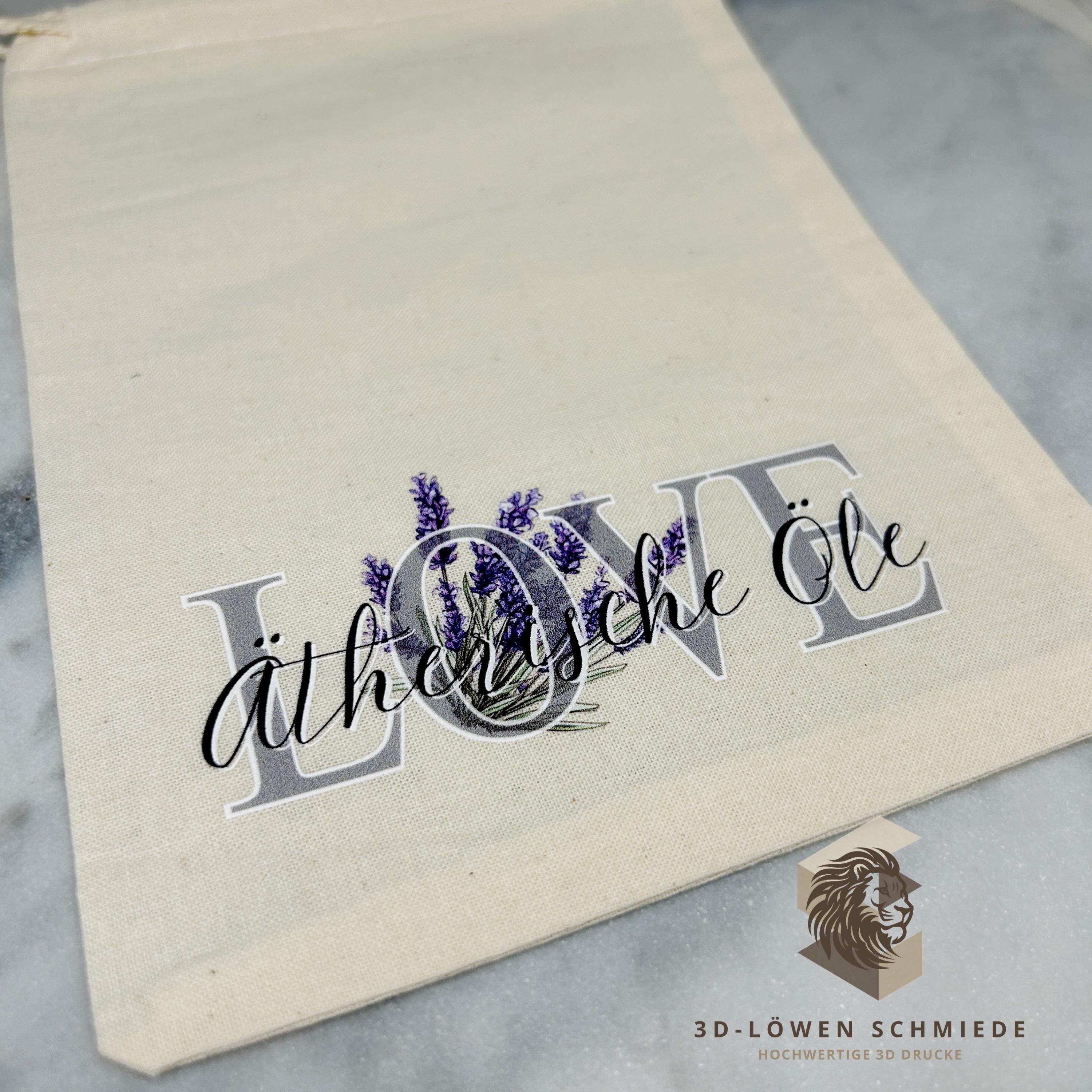 Baumwollbeutel mit Love Ätherische Öle Motiv. Geschenkbeutel, Aufbewahrungsbeutel, Jutebeutel, Kosmetikbeutel, Stoffbeutel