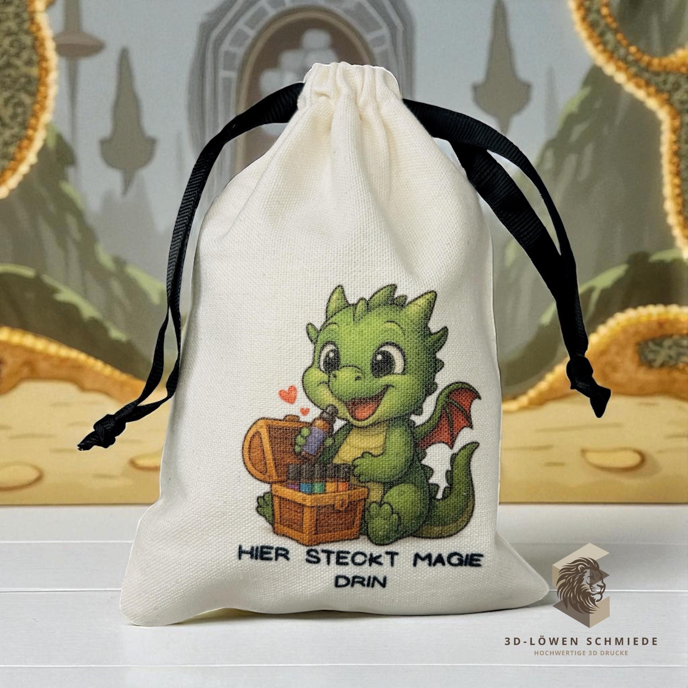 Baumwollbeutel mit Drachen Motiv. Geschenkbeutel für ätherische Öle, Aromatherapie, Aufbewahrungsbeutel Natur, Kosmetikbeutel, Stoffbeutel