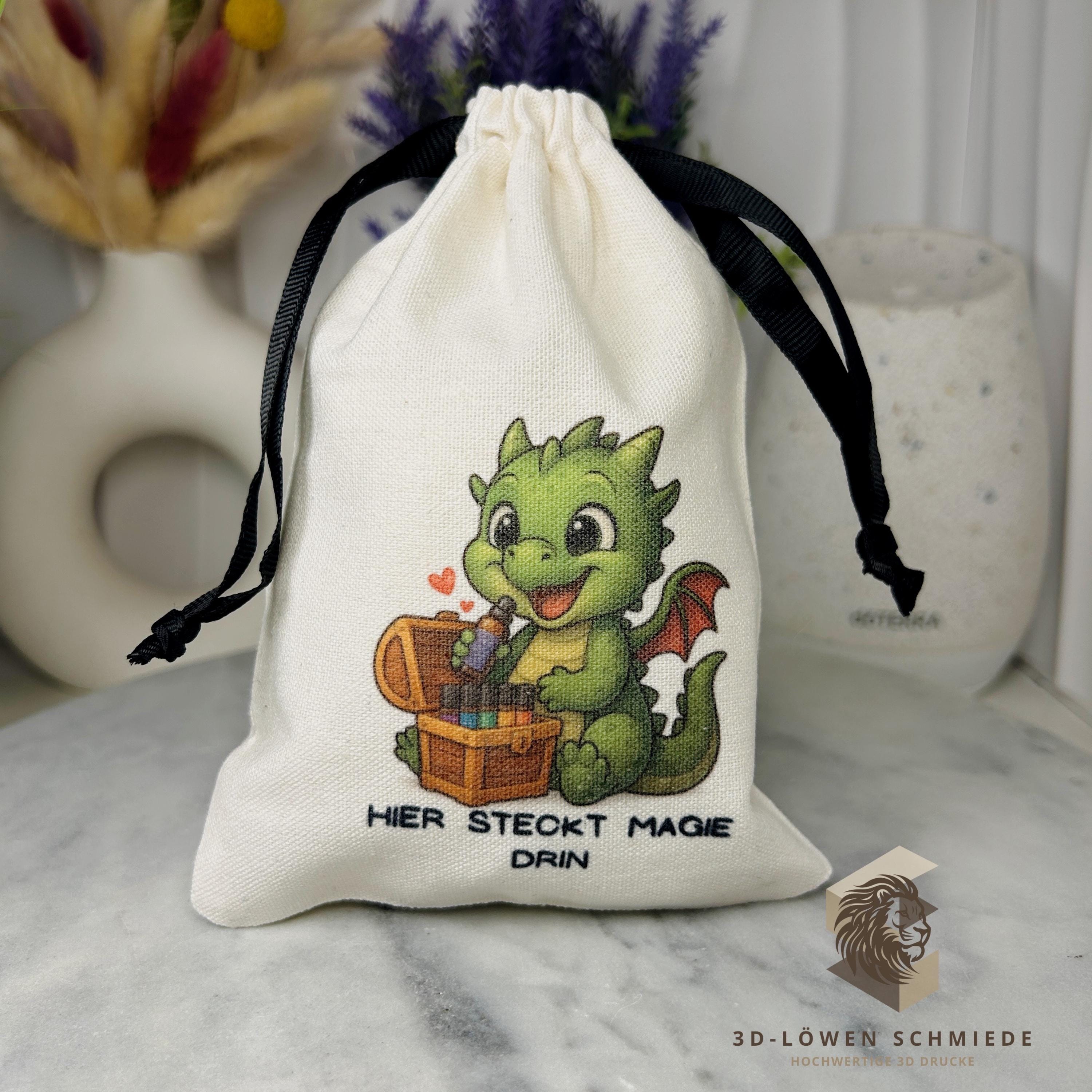 Baumwollbeutel mit Drachen Motiv. Geschenkbeutel für ätherische Öle, Aromatherapie, Aufbewahrungsbeutel Natur, Kosmetikbeutel, Stoffbeutel