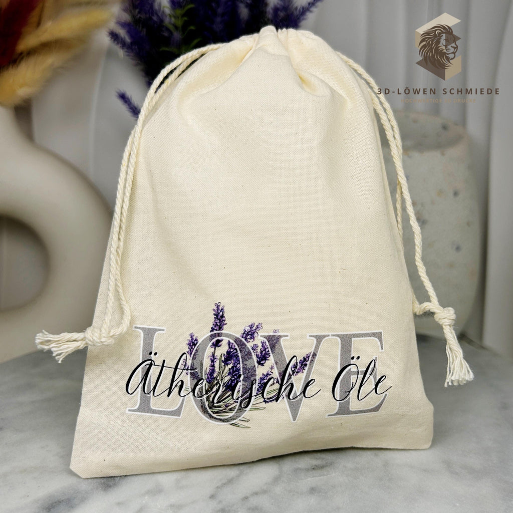 Baumwollbeutel mit Love Ätherische Öle Motiv. Geschenkbeutel, Aufbewahrungsbeutel, Jutebeutel, Kosmetikbeutel, Stoffbeutel
