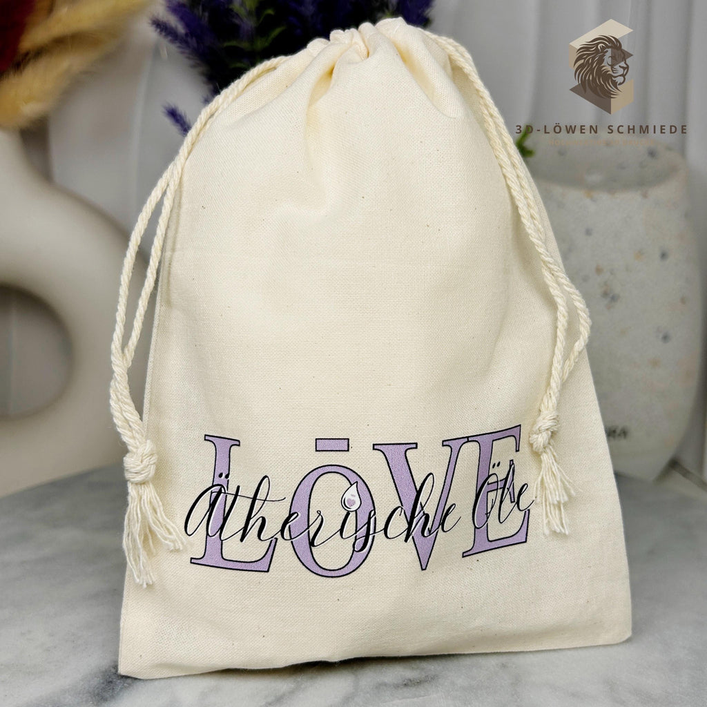 Baumwollbeutel mit Love Ätherische Öle Motiv. Geschenkbeutel, Aufbewahrungsbeutel, Jutebeutel, Kosmetikbeutel, Stoffbeutel