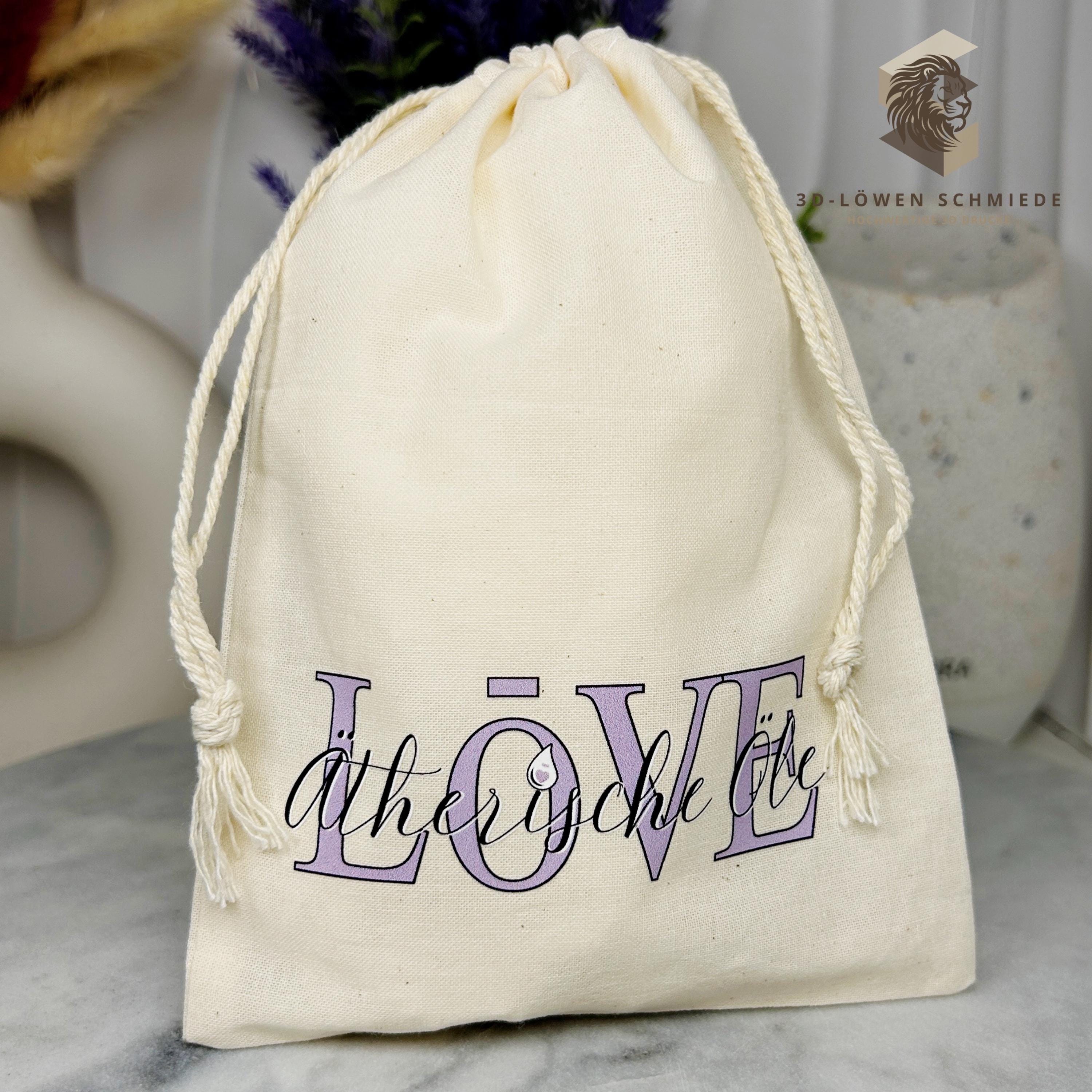Baumwollbeutel mit Love Ätherische Öle Motiv. Geschenkbeutel, Aufbewahrungsbeutel, Jutebeutel, Kosmetikbeutel, Stoffbeutel