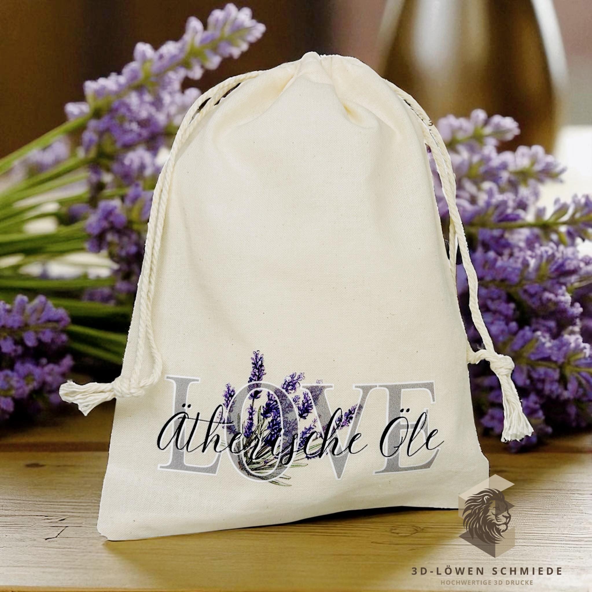 Baumwollbeutel mit Love Ätherische Öle Motiv. Geschenkbeutel, Aufbewahrungsbeutel, Jutebeutel, Kosmetikbeutel, Stoffbeutel